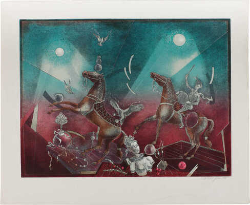 Шмохин Виктор Михайлович.  Лист из серии «Цирк». Две гарцующие лошади